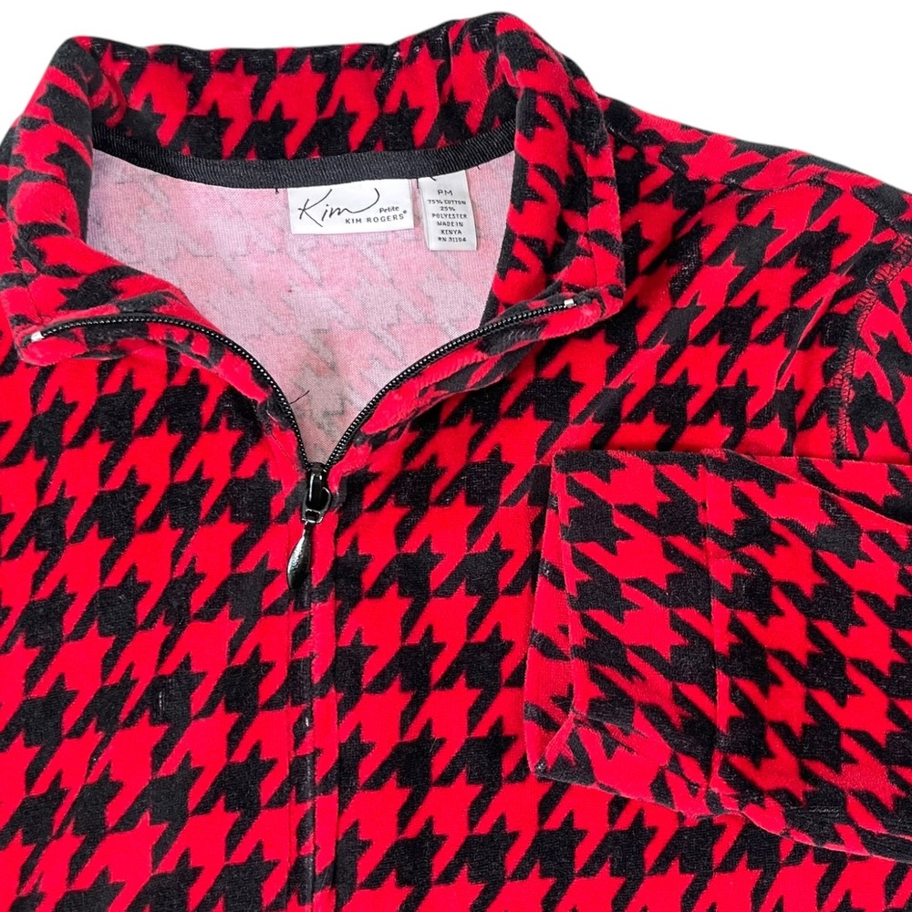 Kim Rogers PM Red Black Houndstooth Zip Up Jacket Mock Neck Dark Academia Preppy